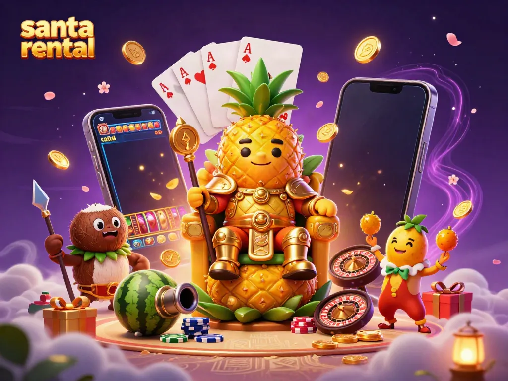 Experience the thrill of santa rental with a vibrant 3D illustration of festive characters amidst casino excitement.