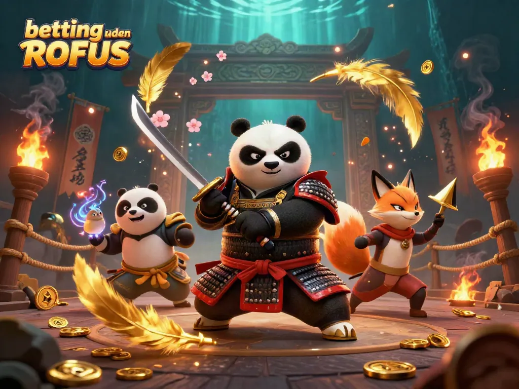 Betting uden ROFUS scene features a fierce panda samurai and ninja fox in an action-packed casino illustration.