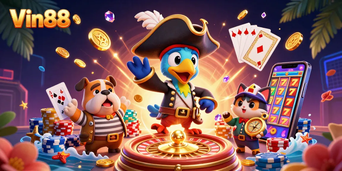 Engage in thrilling gameplay with Vin88 as colorful casino elements and characters create a vibrant scene.