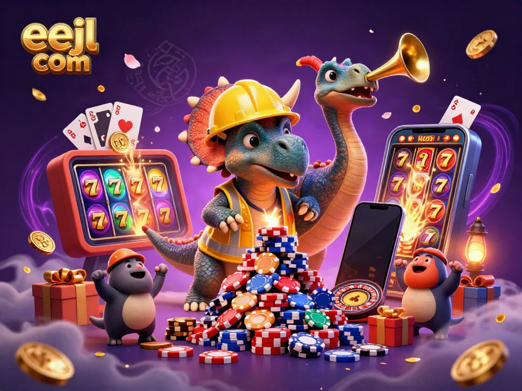 Experience the excitement of eejl com with a dynamic 3D casino scene featuring cartoon dinosaurs and vibrant gambling elements.
