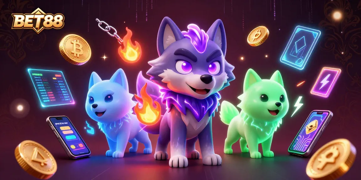BET88 exciting casino experience with glowing wolves, crypto coins, and vibrant gaming elements.