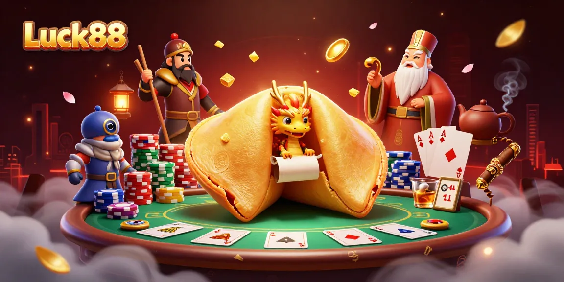 Experience Luck88's thrilling game world with golden fortune symbols and poker elements.