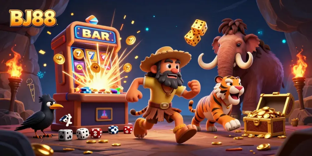 BJ88 unleashes excitement with a prehistoric casino scene featuring a caveman, sabertooth tiger, and crow alongside games and treasure.