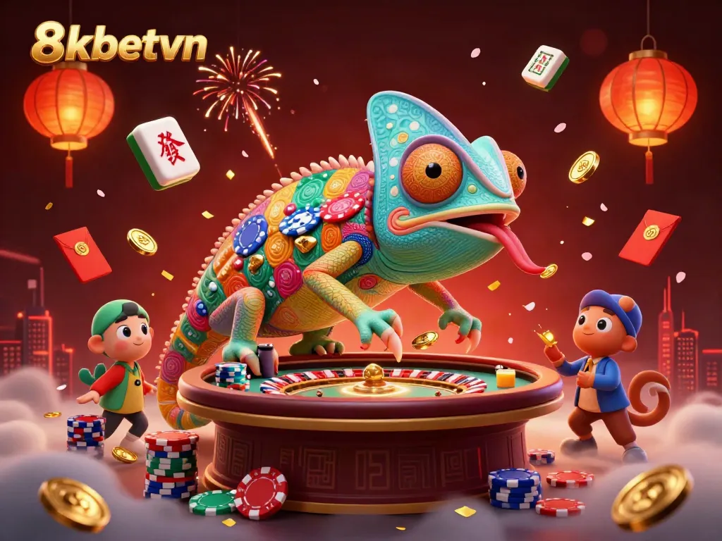 Experience exciting gaming at 8xbetvn with dynamic scenes of a chameleon casino owner and festive game elements.