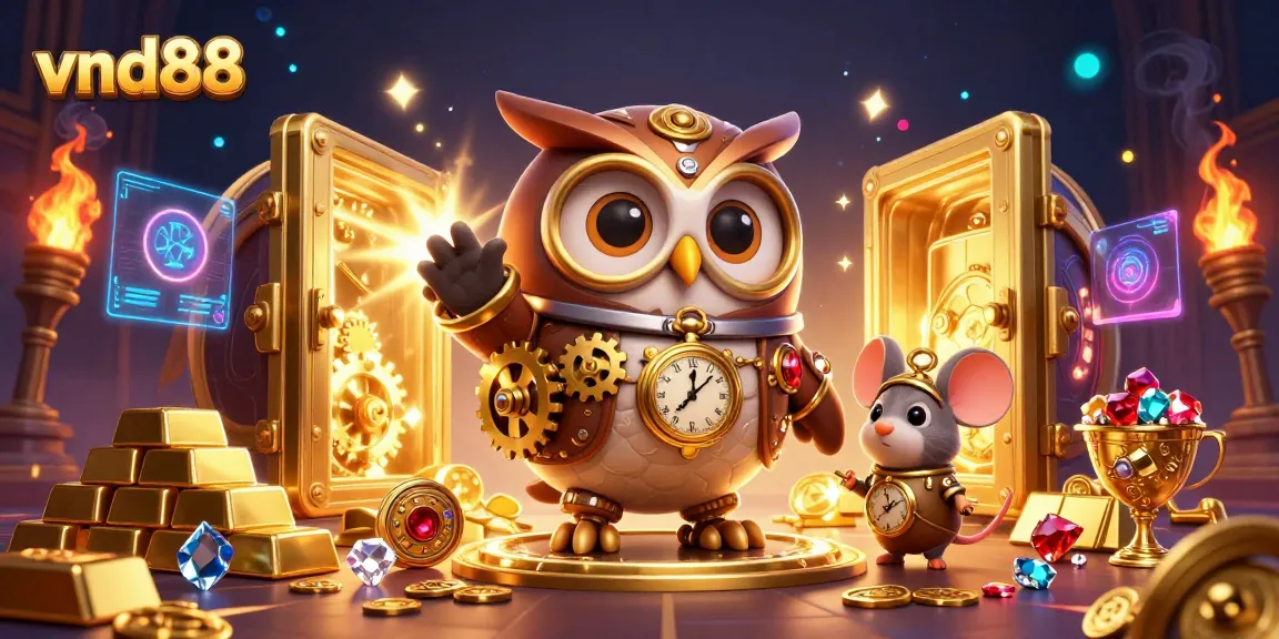 Engage with vnd88's vibrant casino experience featuring cartoon characters surrounded by treasures and gaming elements.
