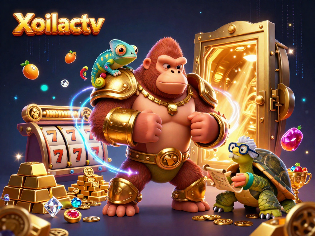 Xoilactv showcases vibrant 3D casino action with a gorilla king, chameleon, and tortoise in a rich gaming scene.
