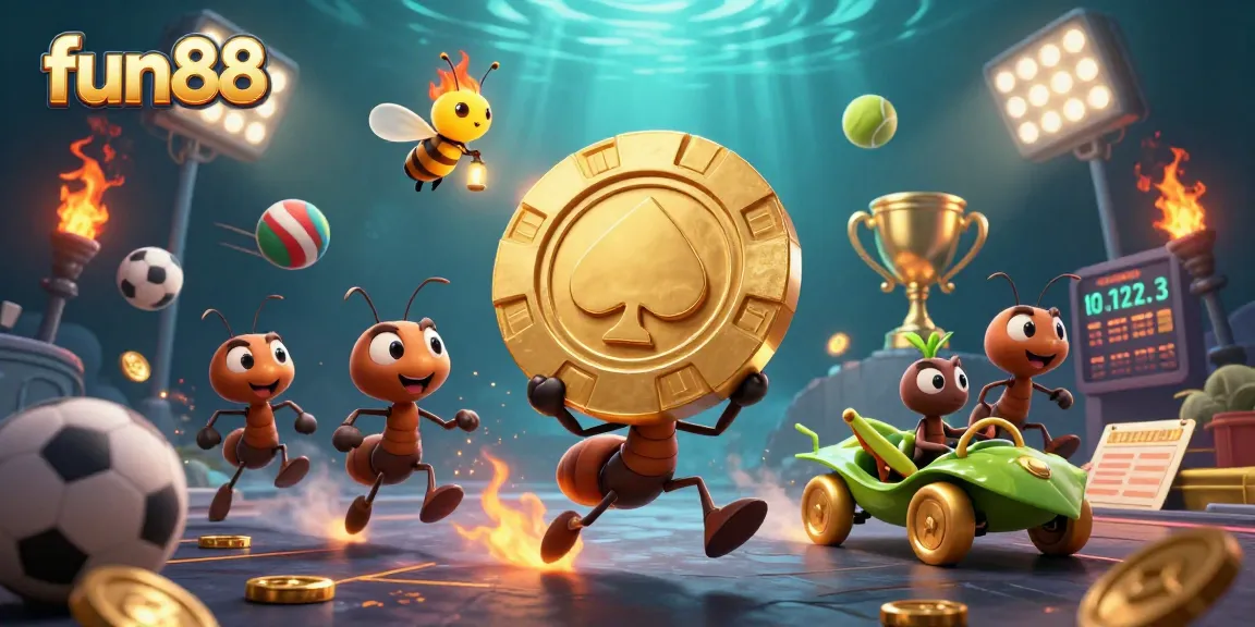 Experience the fun88 gambling adventure with a team of ants heisting a giant poker chip amidst vibrant casino elements.