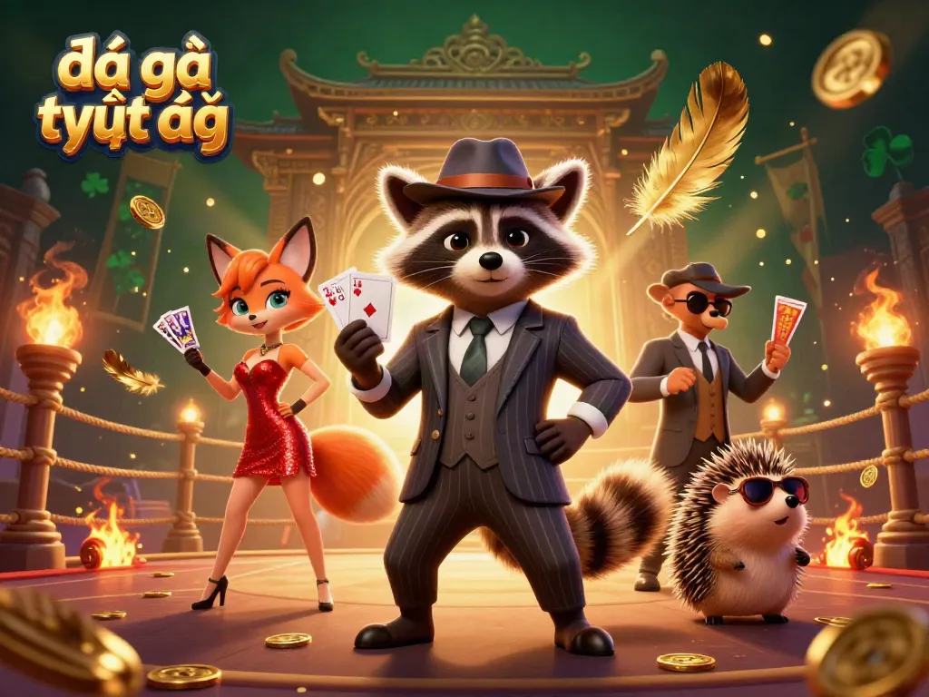 Engage in đá gà trực tiếp with a raccoon, fox lady, and hedgehog at a vibrant betting arena.
