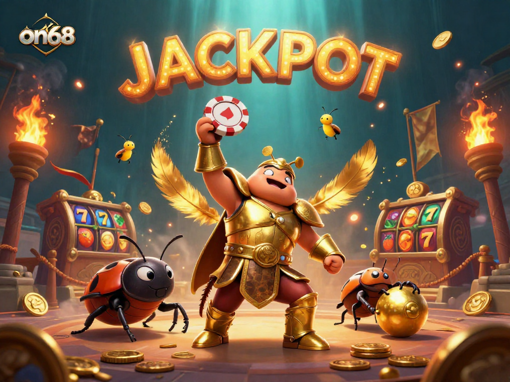 Experience the thrill of winning at on68 with a victorious beetle champion and glowing jackpots!