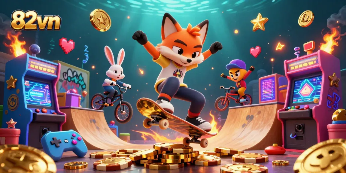 Play casino games and win with 82vn in a vibrant animated scene of fun.