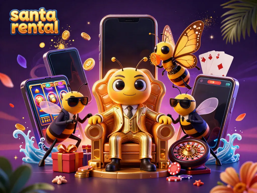 Experience the festive magic of renting Santa with this engaging scene featuring a bumblebee mob boss amidst casino excitement.