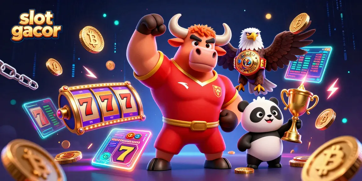 Engage with slot gacor featuring a victorious bull mascot, eagle champion, and prize-winning panda surrounded by slot reels.