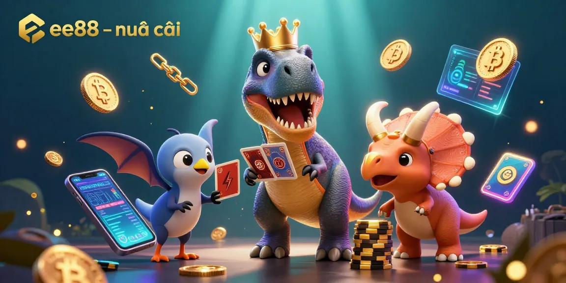 Engage with the lively scene showcasing ee88 – nhà cái, featuring a T-Rex shuffled cards with a baby triceratops stacking chips surrounded by glowing crypto elements.