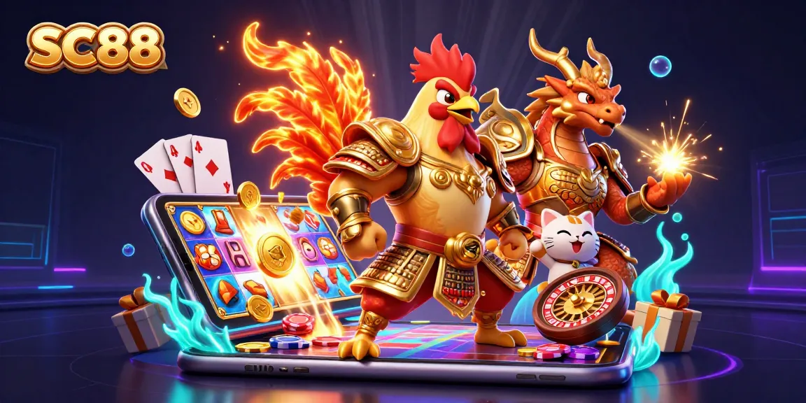 Engage with SC88's thrilling casino experience featuring an armored rooster and dragon!