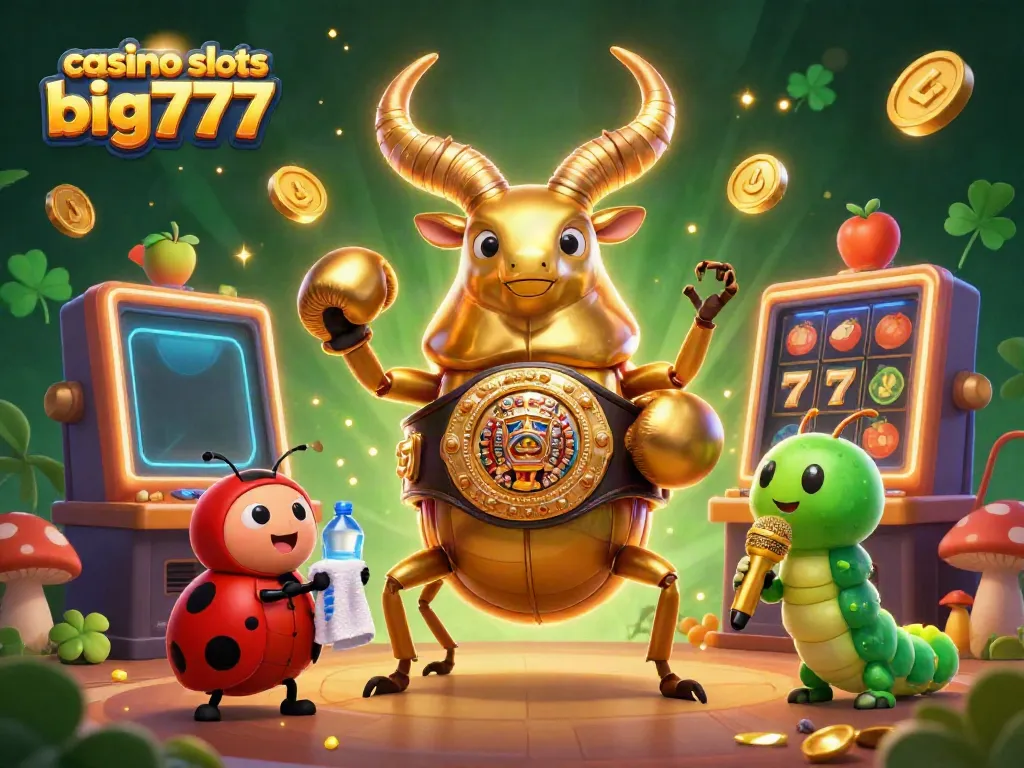 Engage with exciting casino slots big777, showcasing a fierce stag beetle and vibrant slot machines.