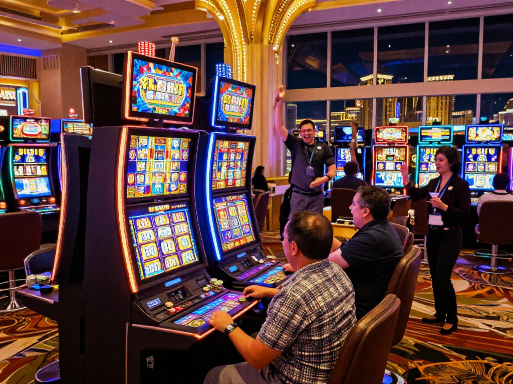 Slot jackpot celebration on a vibrant casino floor with happy players.