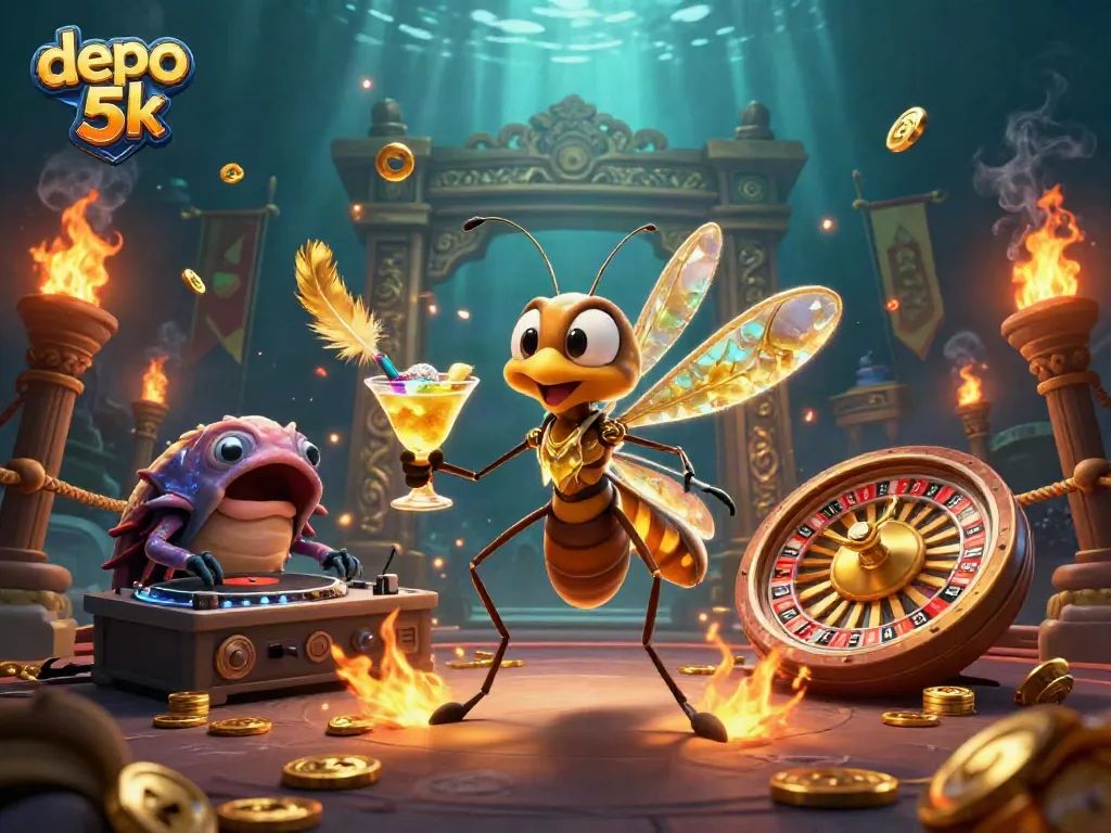 Experience thrilling gaming action with depo 5k at this vibrant casino illustration featuring unique characters.