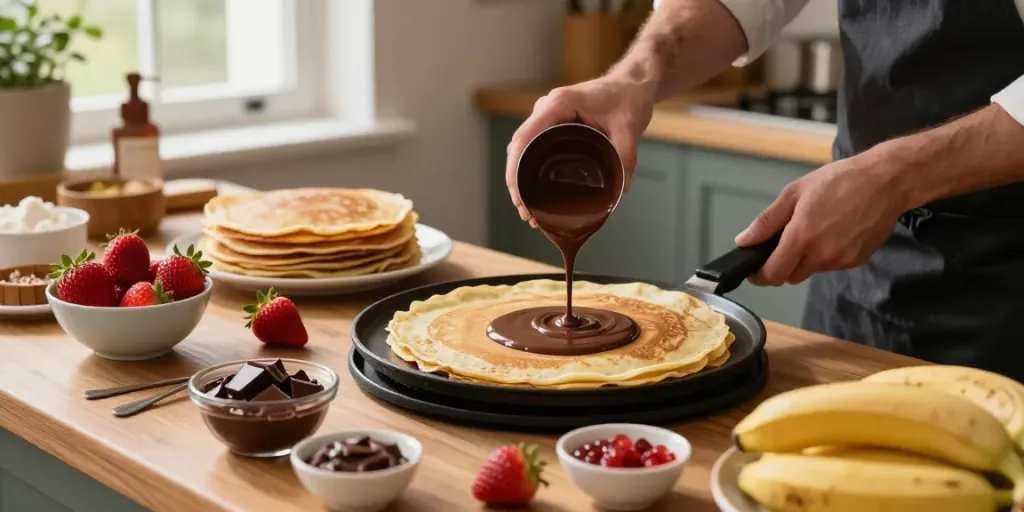 Indulge in delicious rokok 88 crepes topped with dark chocolate in a rustic kitchen.