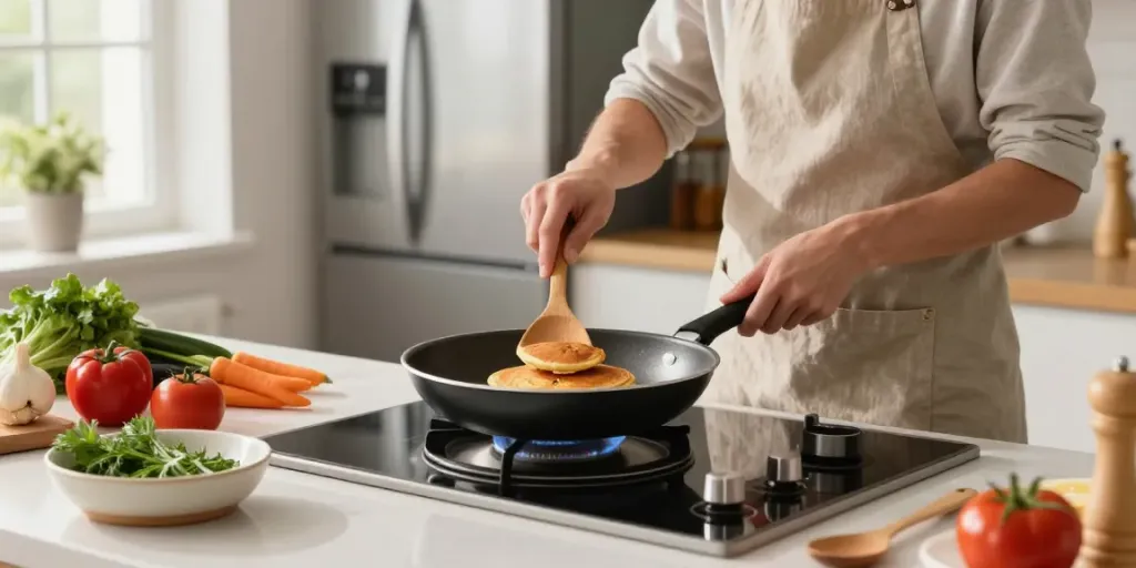 Non-Stick Cookware price in bangladesh displayed in an inviting kitchen with a cook preparing a meal.