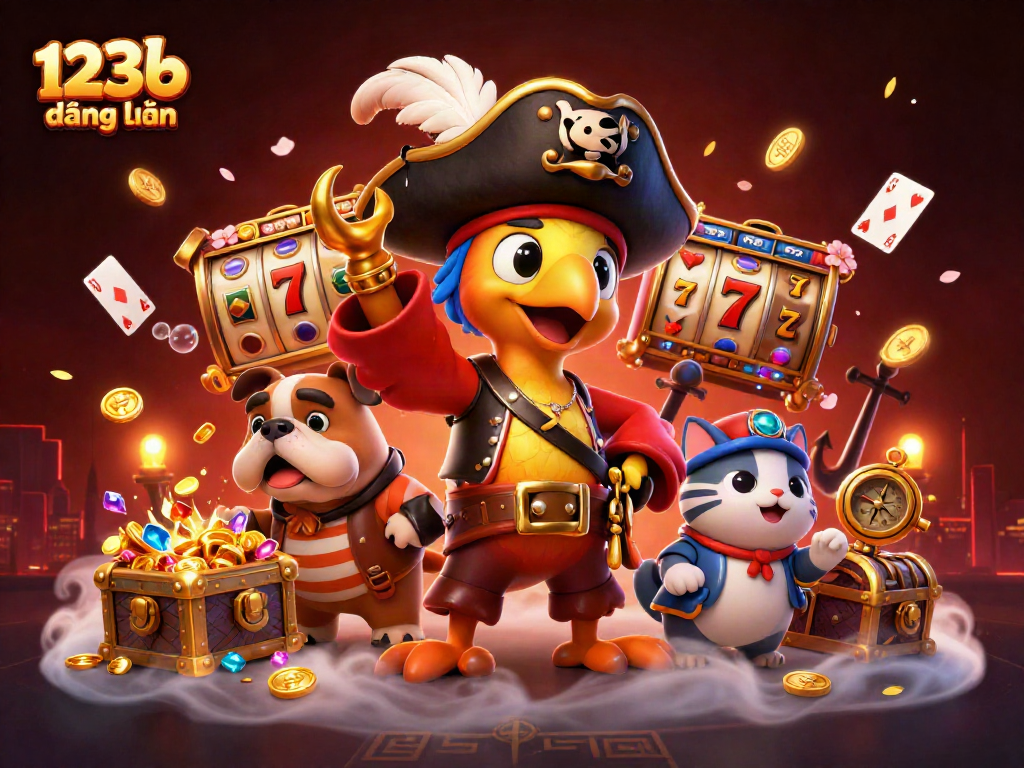 Join the excitement of 123b đăng nhập with vibrant casino-themed characters spinning winning slots under dazzling lights.