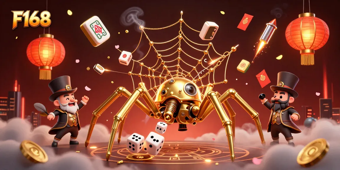 Experience thrilling play at F168 with a dynamic scene of a steampunk spider capturing dice and colorful gaming elements.