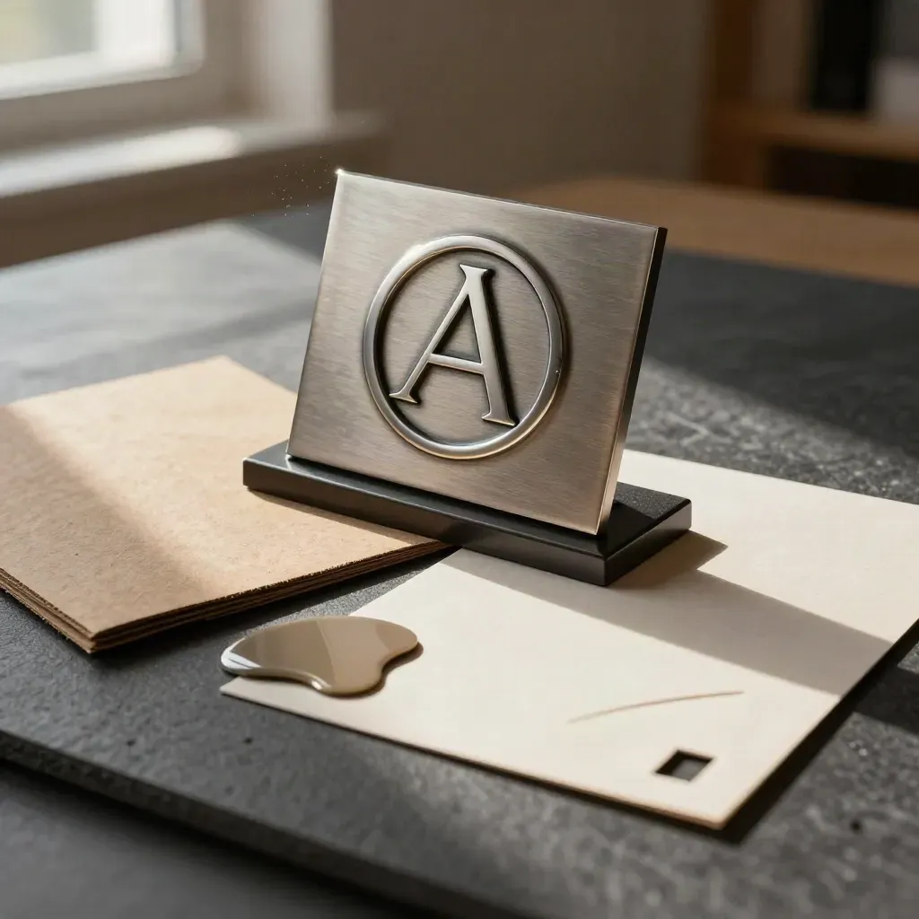 Geprägtes Monogramm mit Karton, Lackprobe und Stanzmuster im warmen Studiolicht.
