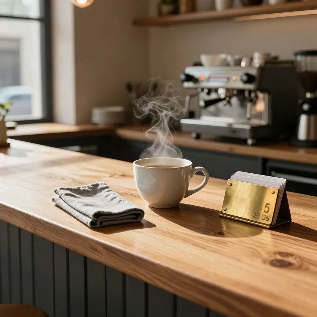 Gemütliches Café-Setup mit Holztresen, Keramiktasse, Leinenserviette und Messingschild im warmen Licht.