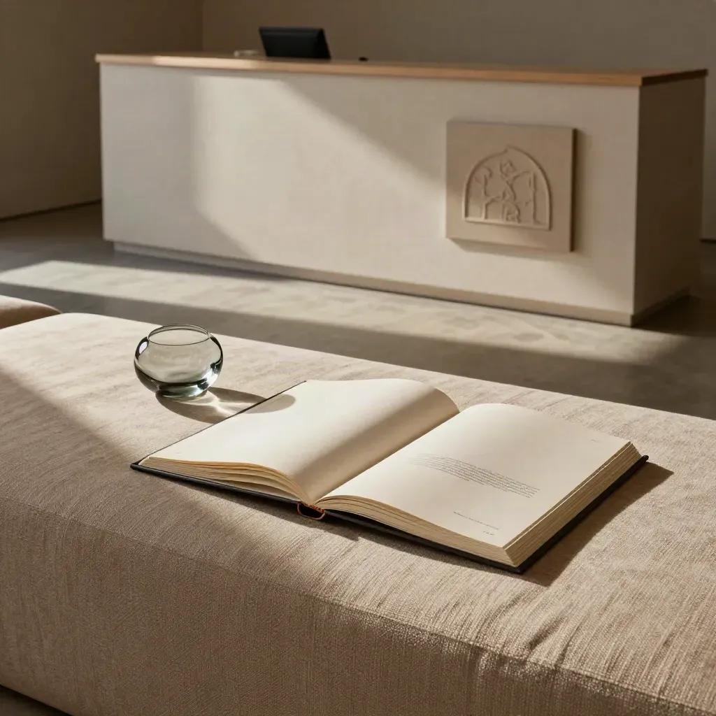 Ruhige Studio-Rezeption mit Sandsofa, geprägter Wandplakette, offenem Brandbuch und Glasobjekt.