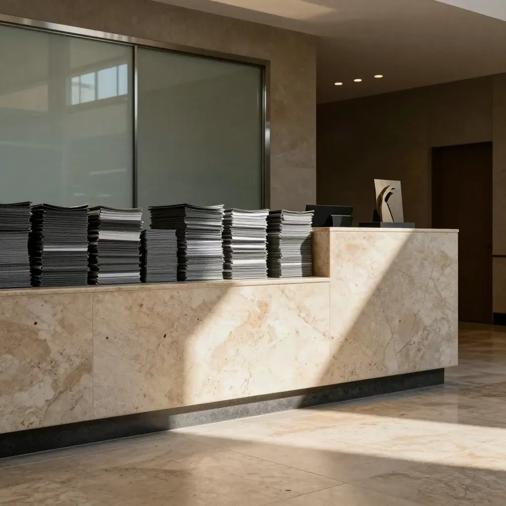 Seriöse Kanzlei-Lobby mit Stein, Glaswand, dunklen Mappen und neutralem Schildobjekt.