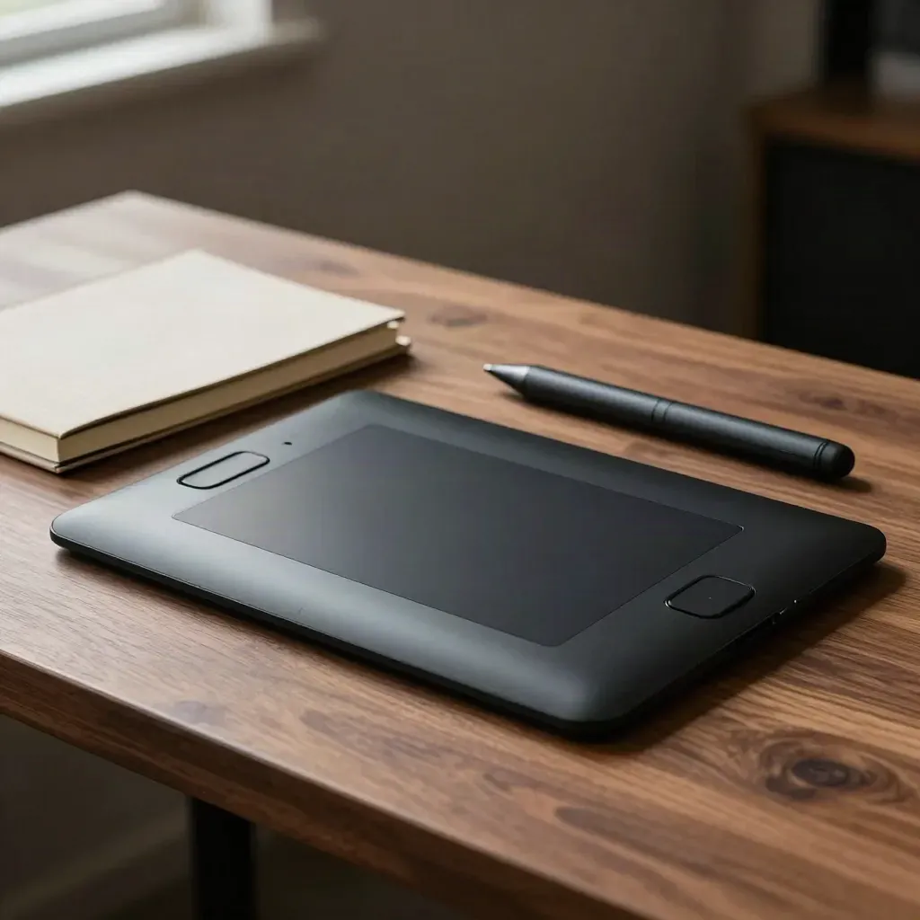 Grafiktablet, Stift, Notebook und Hub auf dunkler Holzoberfläche im dramatischen Licht.