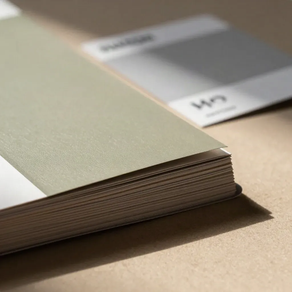 Makro der Kante eines Pantone-Fächers mit Prägung und Lackprobe auf sandfarbenem Pressbett.