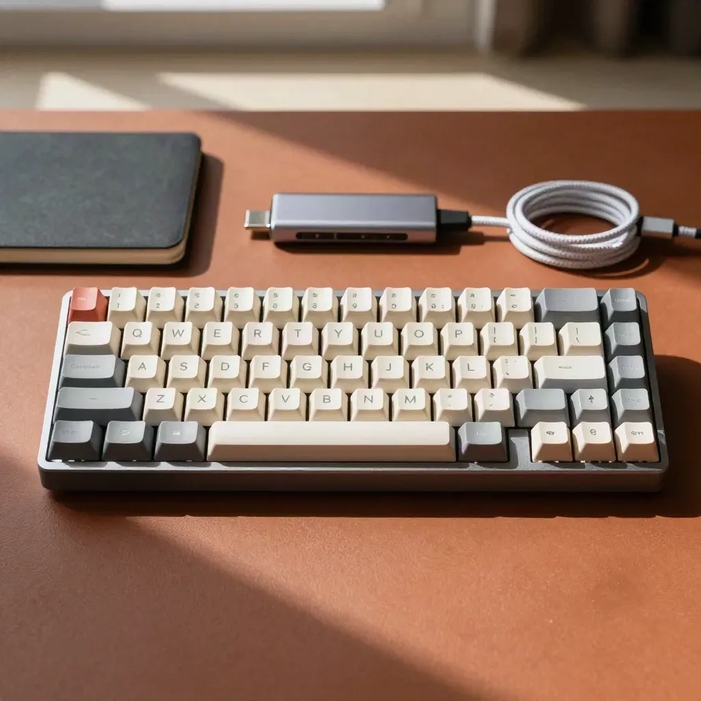 Mechanische Tastatur, Trackpad, Notizbuch, USB-C-Hub und Kabel auf terrakottafarbenem Untergrund.