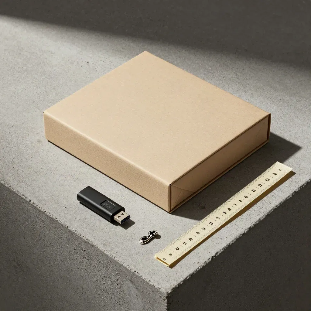 Archivkarton mit USB-Stick, Anhänger und Stoffband auf Beton, von oben arrangiert.