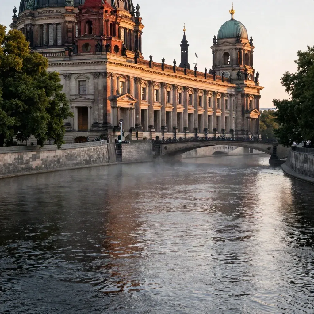 Berliner Museumsinsel im Abenddunst mit Spree, Backstein und stiller Wasserfläche.