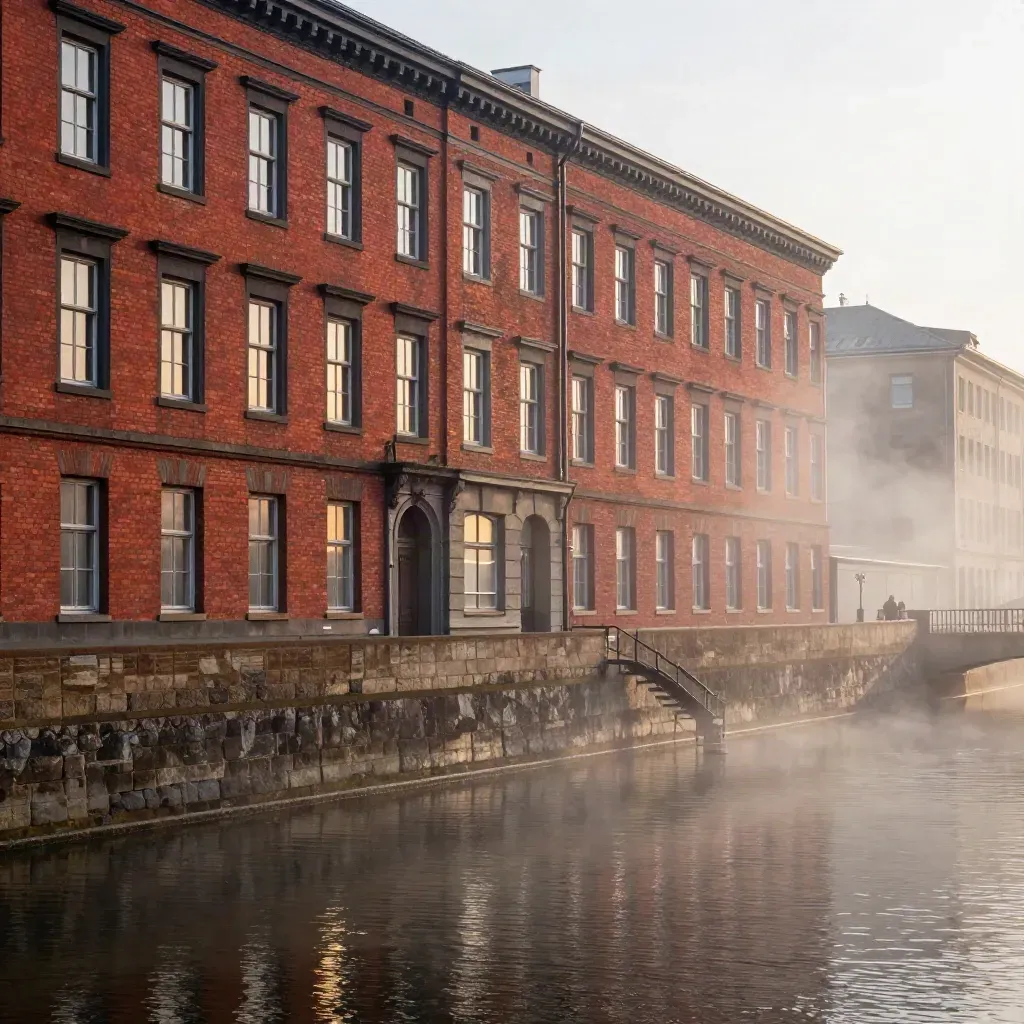 Speicherstadt im Morgennebel mit Backsteinfassaden, Wasser und leerer Kaimauer im goldenen Licht