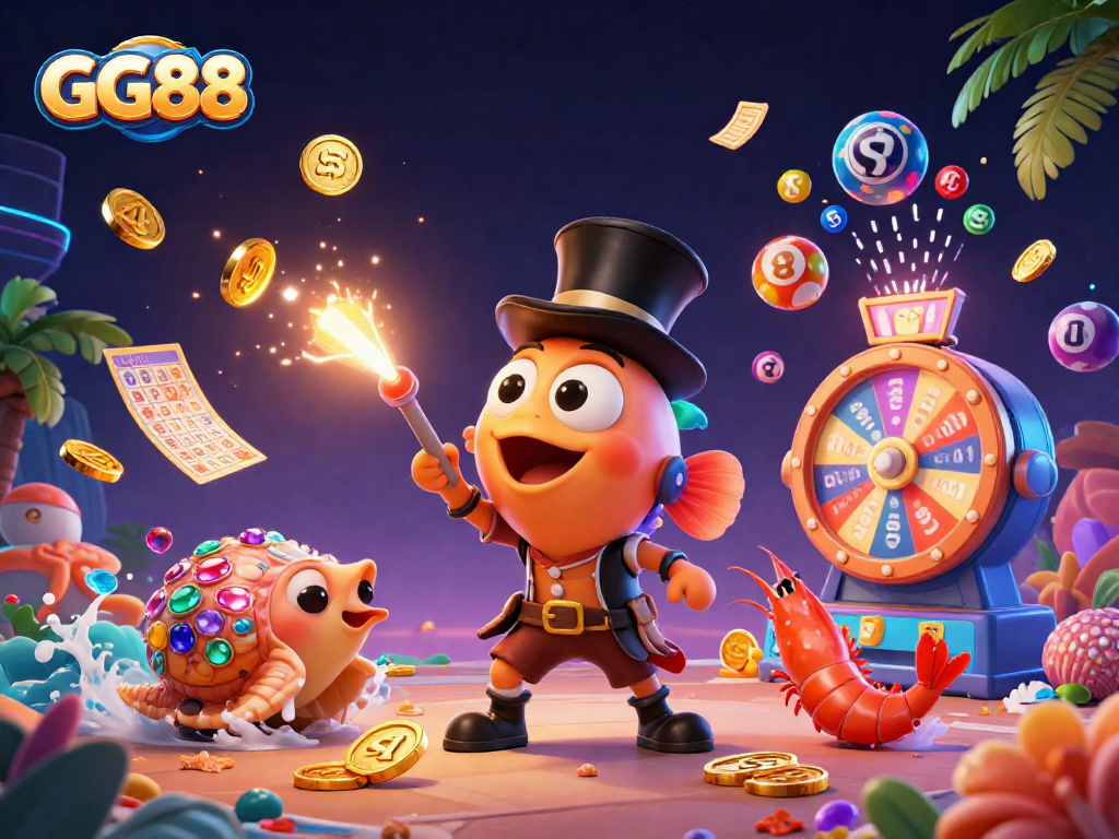 Experience GG88 with vibrant 3D characters amidst a dynamic gaming scene filled with prizes.