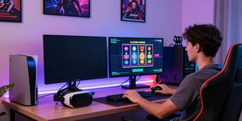 Excited gamer enjoying a slot game experience on dual monitors in a modern home office.