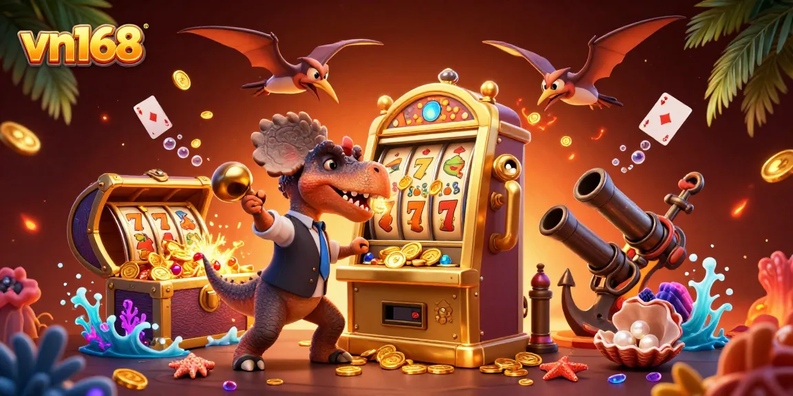 Experience excitement at vn168 with a 3D pachycephalosaurus winning jackpots, surrounded by vibrant casino elements.