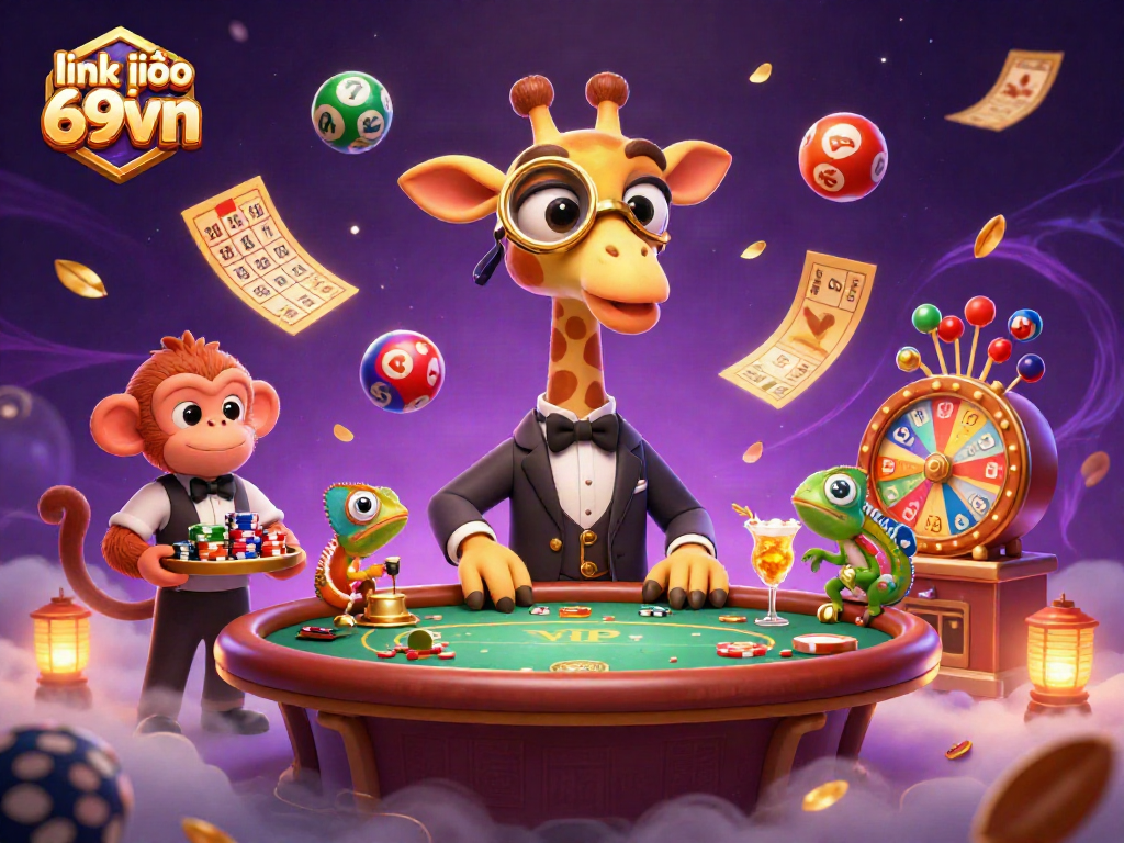 Engage with link vào 69vn while enjoying vibrant casino-themed 3D cartoon art full of dynamic elements.