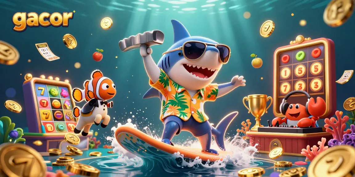 Experience thrilling gacor wins in this vibrant casino scene with a shark, fish, and DJ!