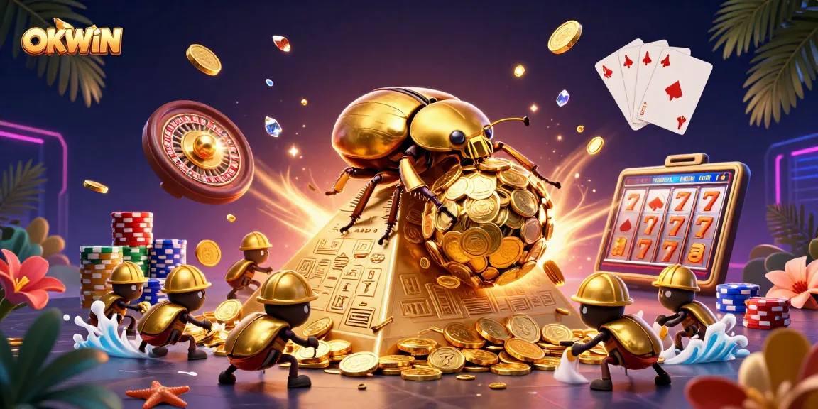 OKWIN betting experience illustrated with golden dung beetle and casino elements.