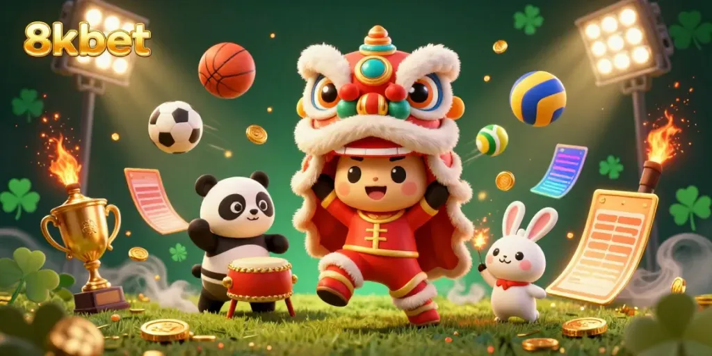 A dynamic scene showcasing a festive 8xbet lion dance with soccer and sports elements, embodying energy and excitement.
