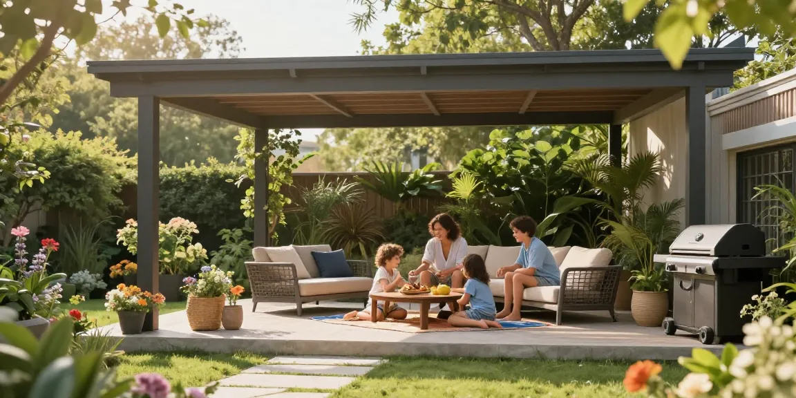 Familie unter einer freistehenden Terrassenüberdachung, die einen sonnigen Tag im Garten genießen.