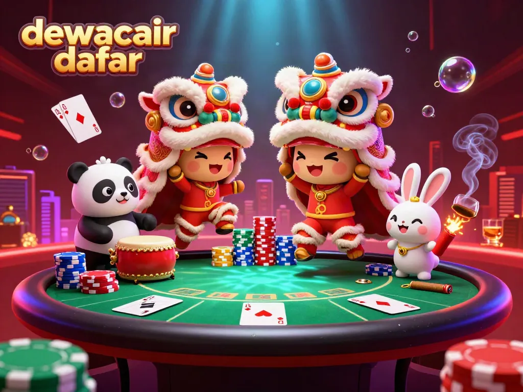 Experience the thrill of gambling with dewacair daftar in a vibrant casino scene featuring lion dancers and poker elements.