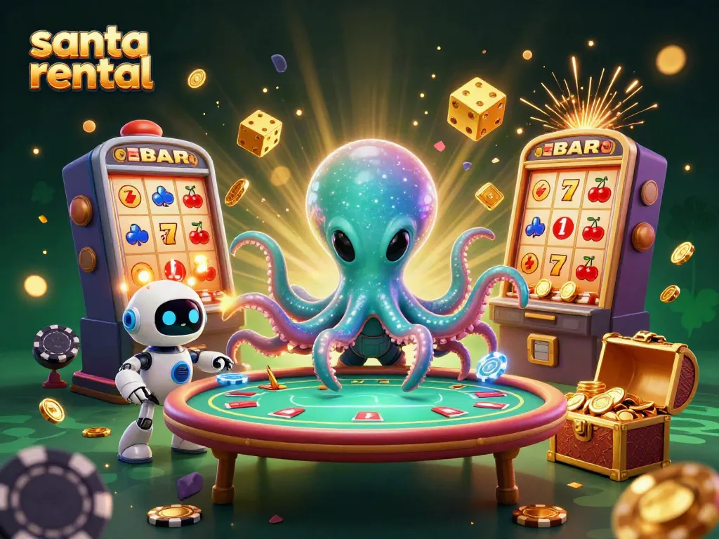 Engage with a vibrant scene showcasing a Santa rental poker game, featuring alien characters and rich casino elements.