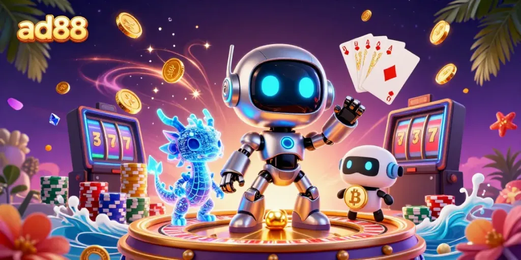 Win big at ad88 with a vibrant 3D casino scene featuring a futuristic robot and treasures.