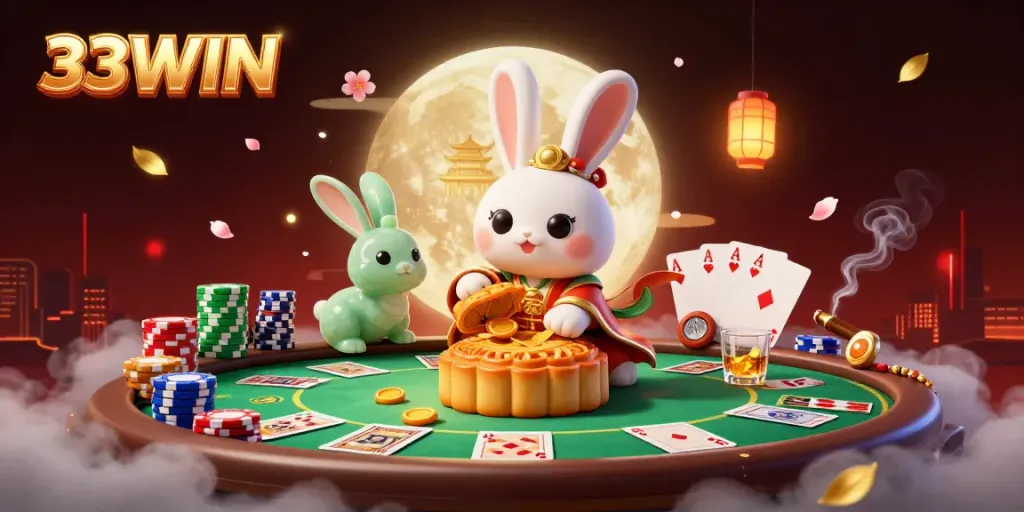 33WIN illustration with a moon rabbit, poker elements, and a vibrant casino atmosphere.