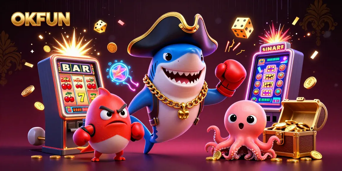 Engage with OKFUN and win big at the exciting casino themed scene featuring vibrant slot machines and playful sea characters.