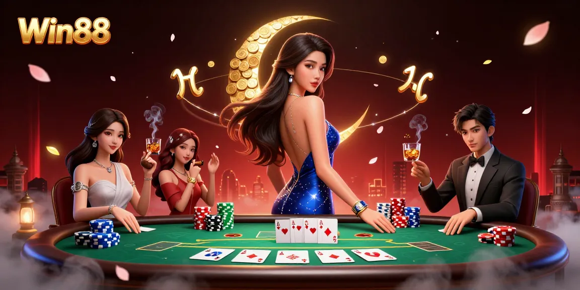 Win88 players engage in high-stakes poker surrounded by chips and cards in this vibrant casino scene.