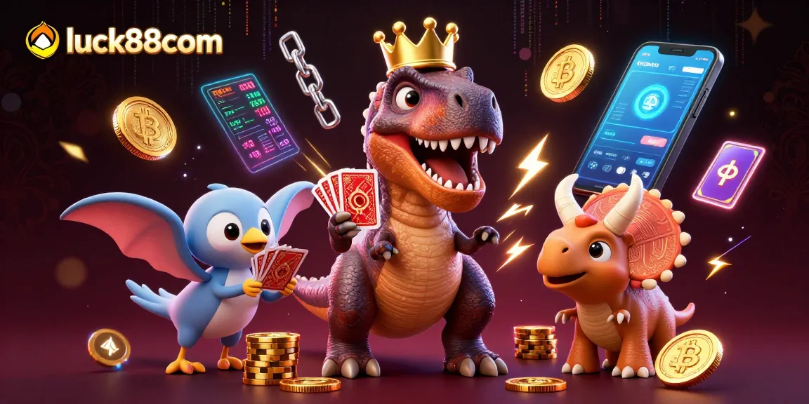 Engage with luck88com by winning at cards with a playful T-Rex and friends in a vibrant casino scene.